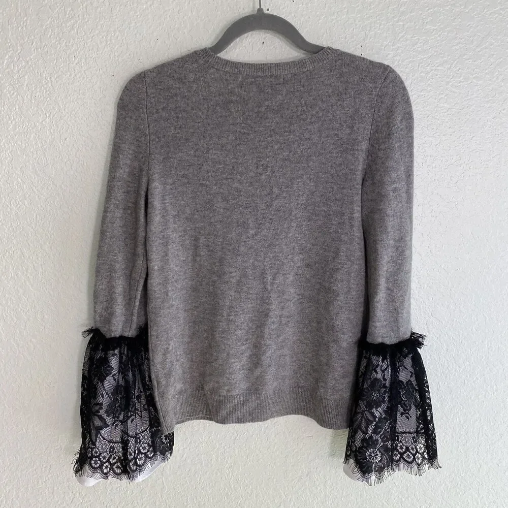 Marled Cashmere Sweater Womens Extra Small Lace Flare Cuff Gray Pullover Cozy - Picture 2 of 12